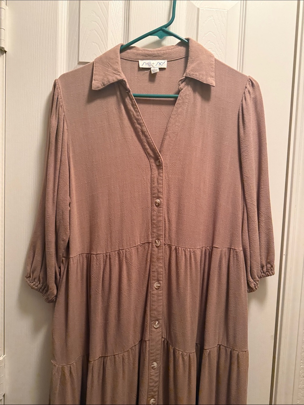 Tan Tiered Button-Down Midi Dress - Picture 2 of 4